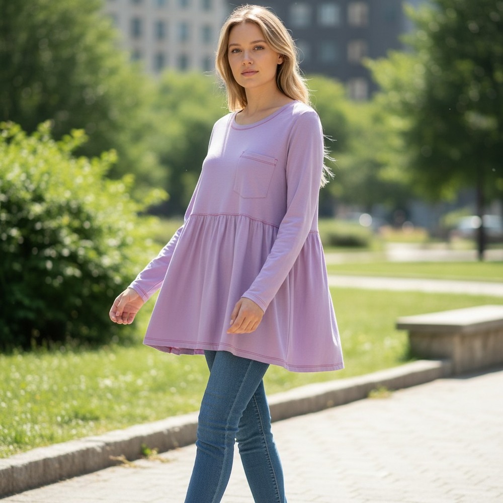 Easel Babydoll Tunic Top Womens Large Purple Long Sleeve Pocket Boho Knit